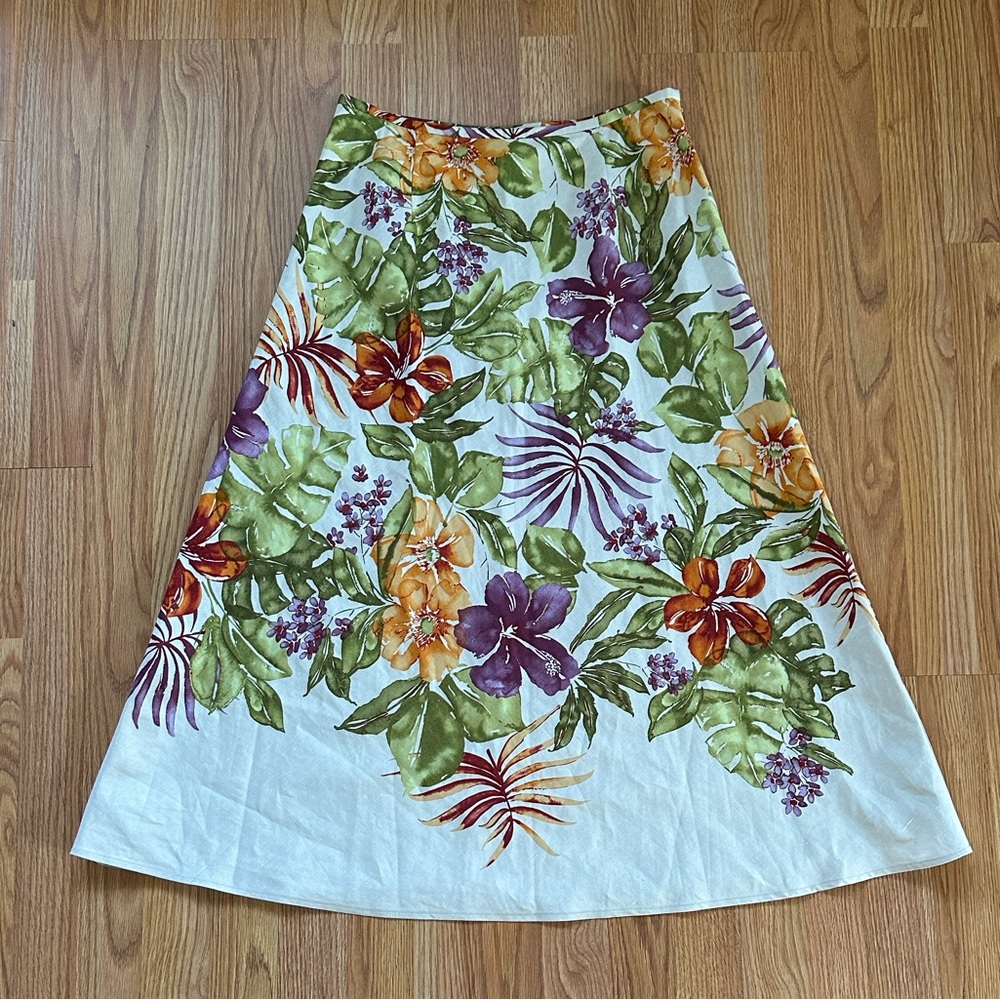 Vintage Talbots Silk & Linen Blend Tropical Floral A-line Maxi skirt. Size 8